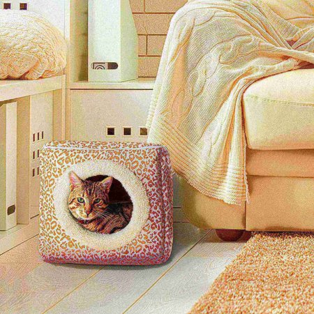 PET ADOBE Indoor Cat Pet Bed Cave with Removable Cushion Pad for Cats/Small Animals | Tan/White Animal Print 728420YHZ